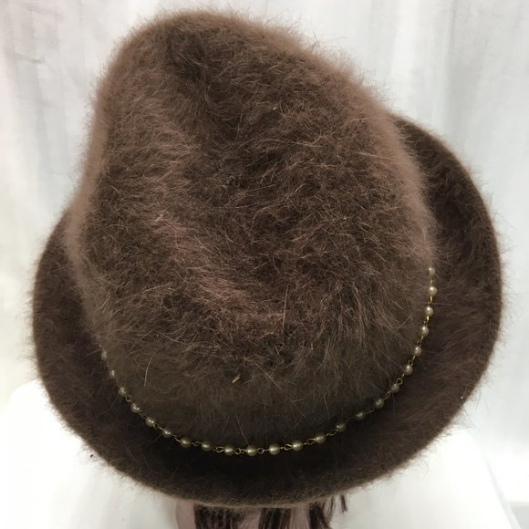 Brown Angora Fedora with Pearl Chain main image 7